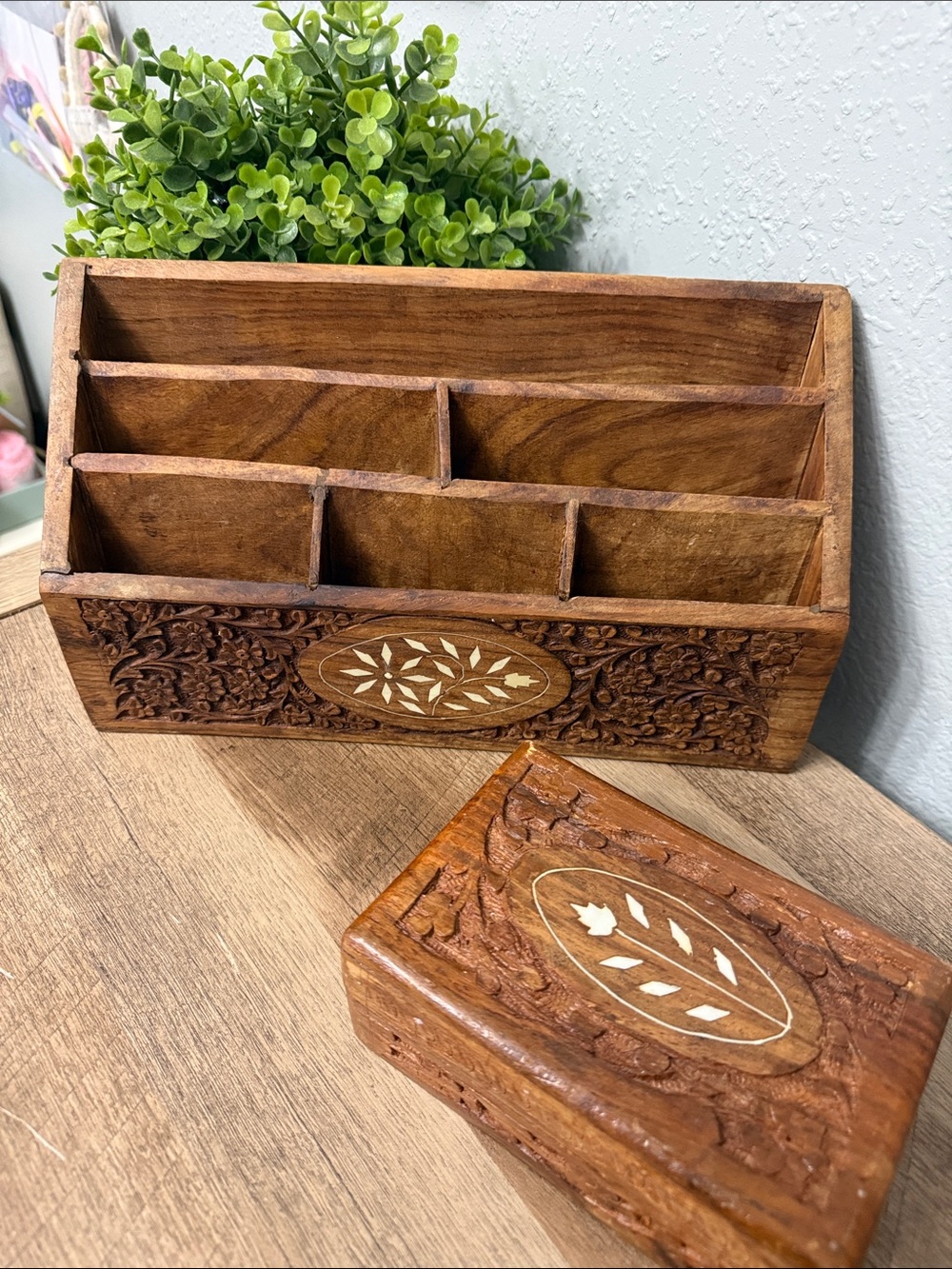 Hand-Carved Wooden Desk Organizer in Brown - Decorative Home Storage